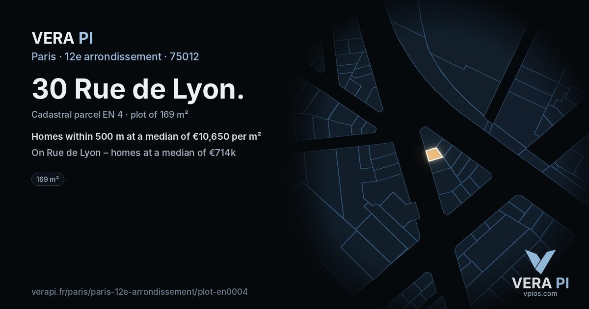 30 Rue de Lyon, 12e arrondissement at night – the plot lit, the parcels around coloured by the prices near them