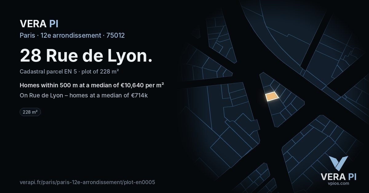 28 Rue de Lyon, 12e arrondissement at night – the plot lit, the parcels around coloured by the prices near them
