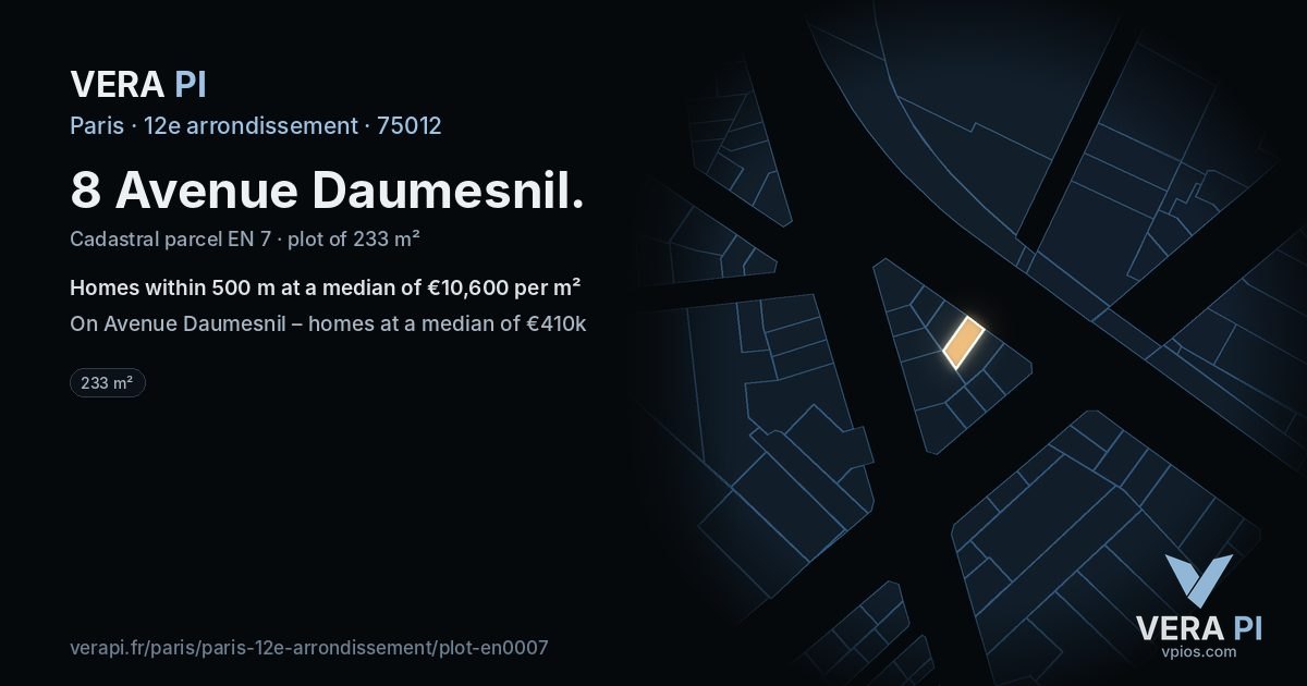 8 Avenue Daumesnil, 12e arrondissement at night – the plot lit, the parcels around coloured by the prices near them