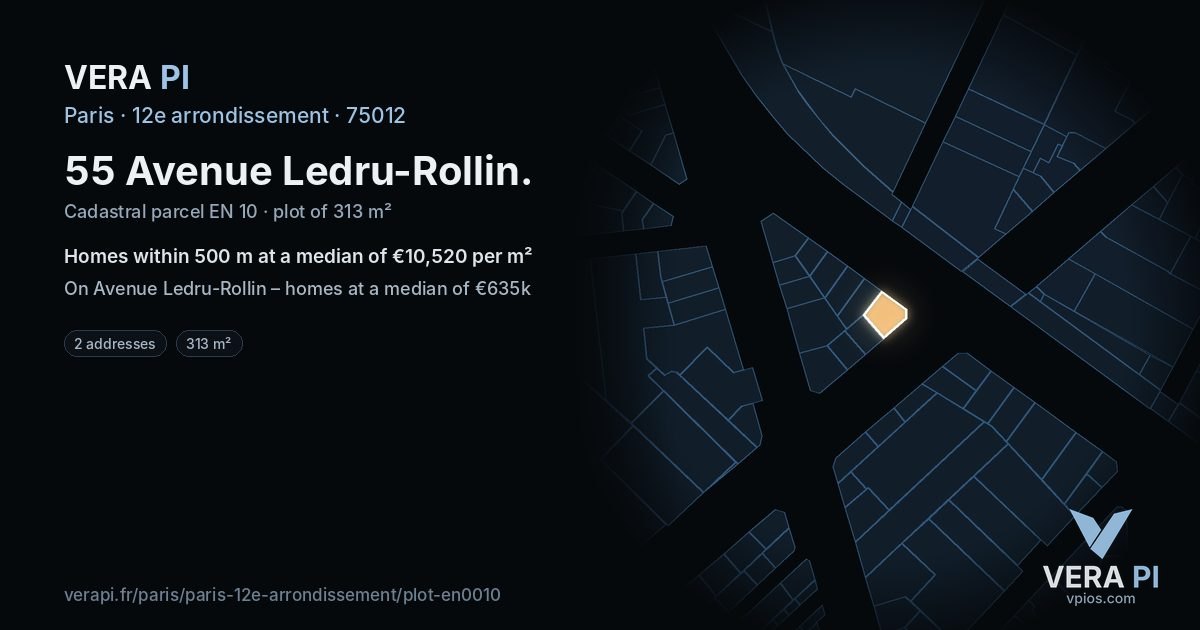 55 Avenue Ledru-Rollin, 12e arrondissement at night – the plot lit, the parcels around coloured by the prices near them