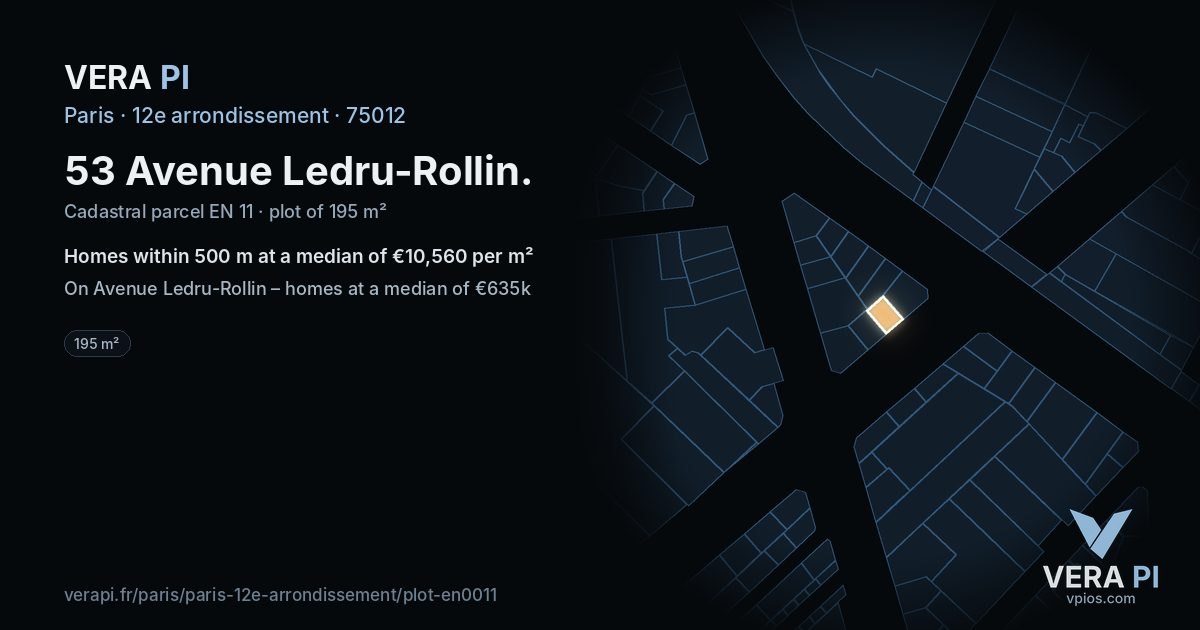 53 Avenue Ledru-Rollin, 12e arrondissement at night – the plot lit, the parcels around coloured by the prices near them