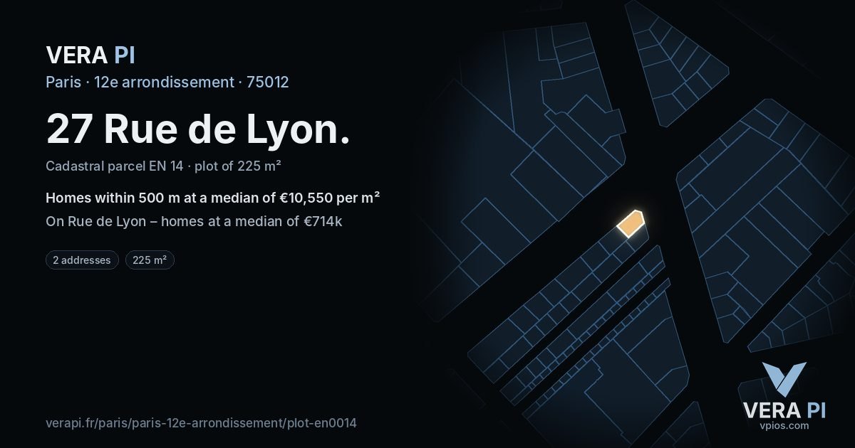 27 Rue de Lyon, 12e arrondissement at night – the plot lit, the parcels around coloured by the prices near them