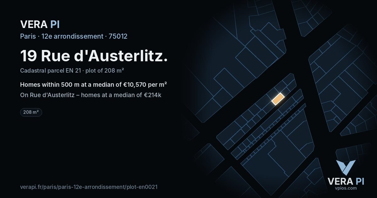 19 Rue d'Austerlitz, 12e arrondissement at night – the plot lit, the parcels around coloured by the prices near them