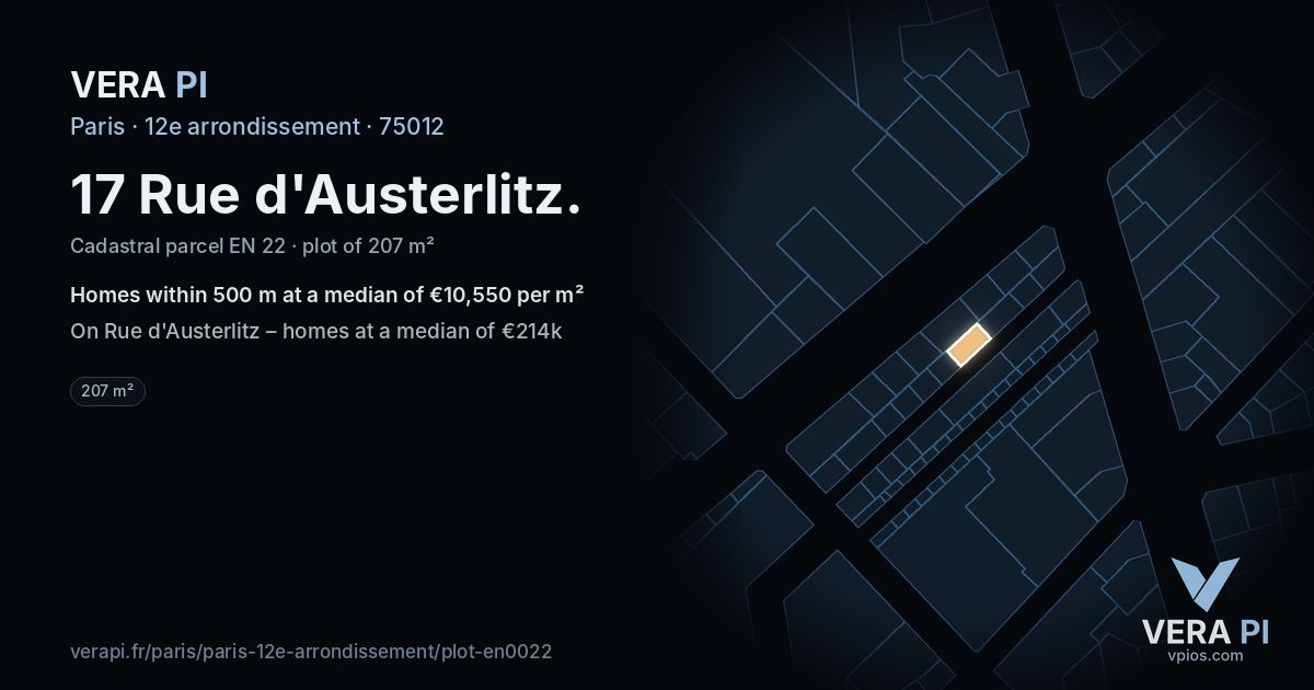 17 Rue d'Austerlitz, 12e arrondissement at night – the plot lit, the parcels around coloured by the prices near them