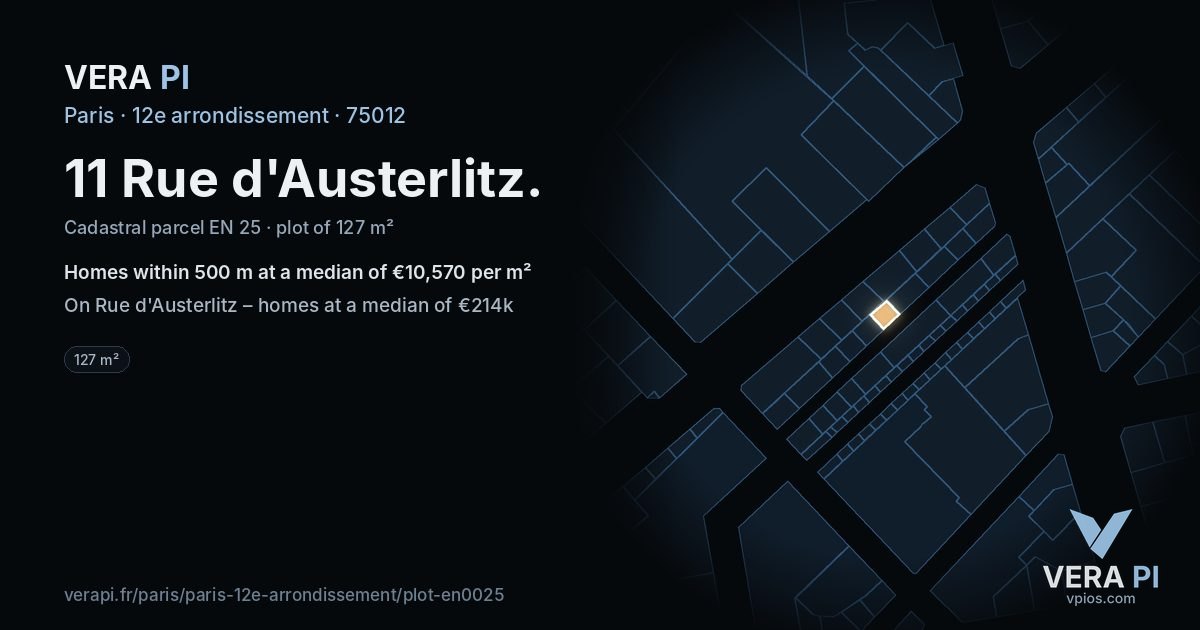 11 Rue d'Austerlitz, 12e arrondissement at night – the plot lit, the parcels around coloured by the prices near them