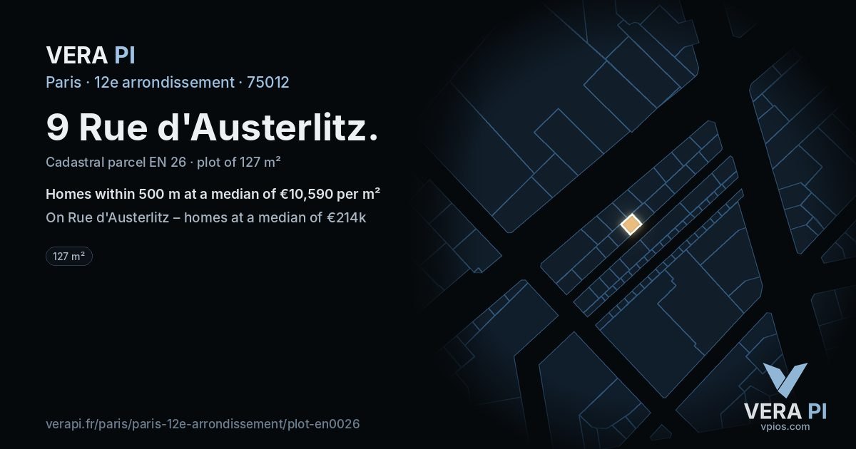9 Rue d'Austerlitz, 12e arrondissement at night – the plot lit, the parcels around coloured by the prices near them