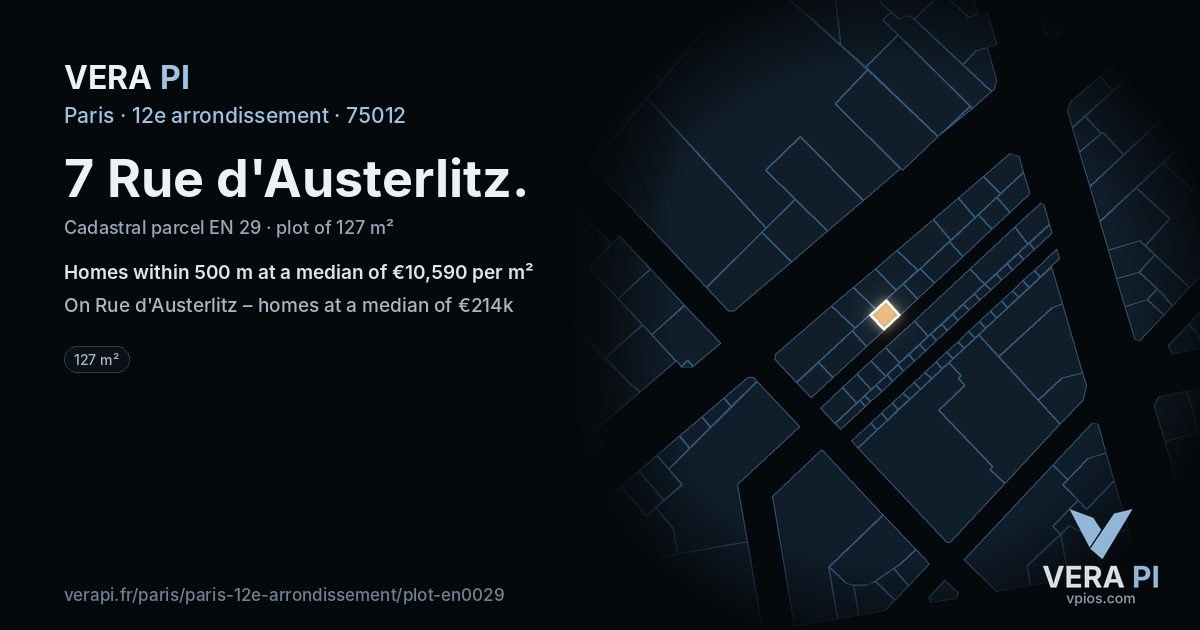7 Rue d'Austerlitz, 12e arrondissement at night – the plot lit, the parcels around coloured by the prices near them