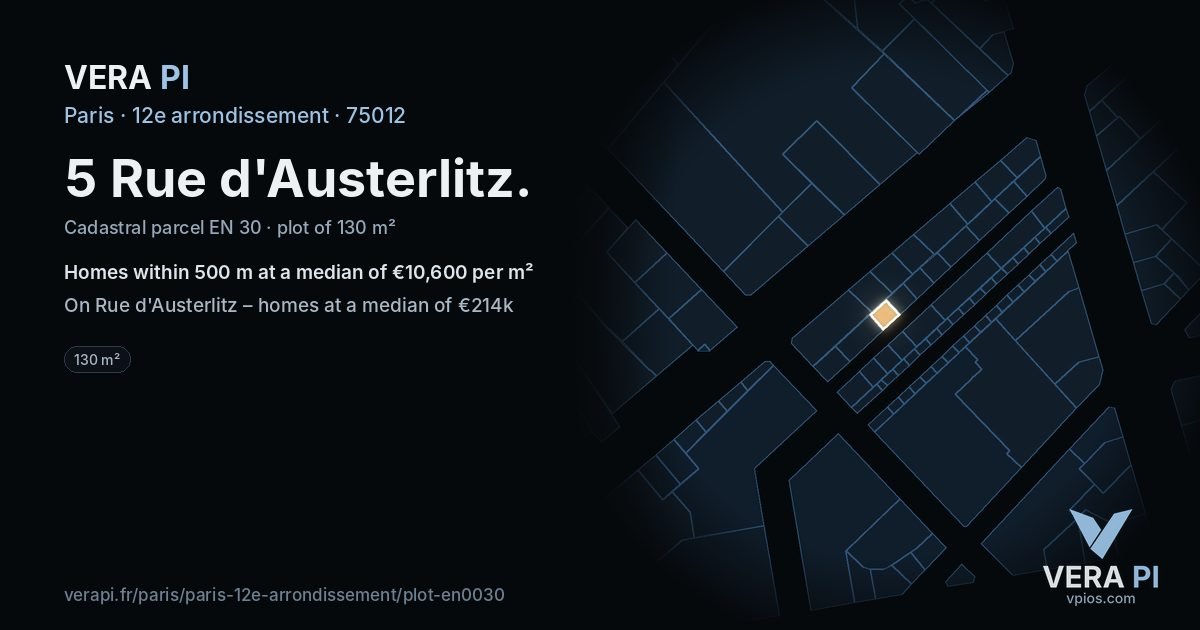 5 Rue d'Austerlitz, 12e arrondissement at night – the plot lit, the parcels around coloured by the prices near them