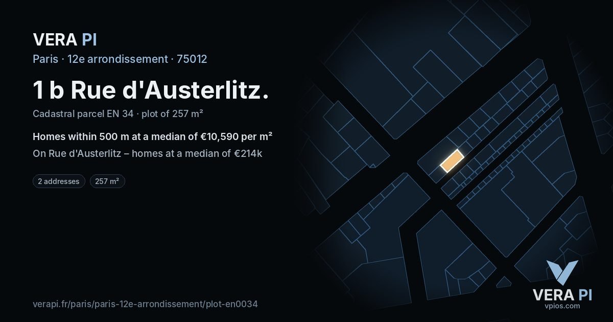 1 b Rue d'Austerlitz, 12e arrondissement at night – the plot lit, the parcels around coloured by the prices near them