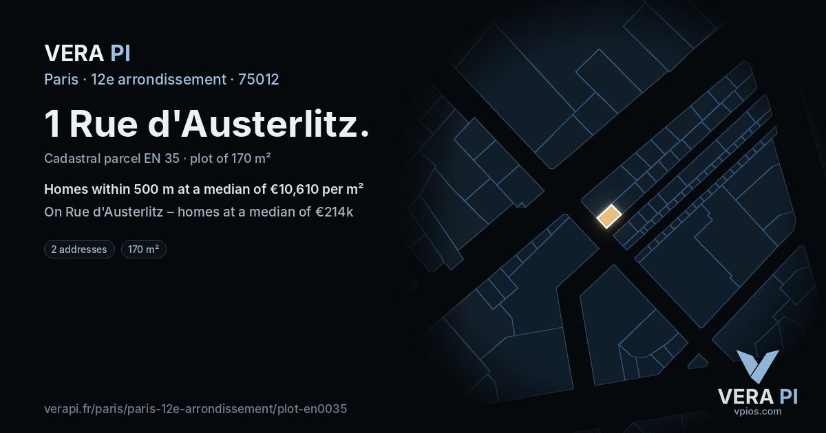 1 Rue d'Austerlitz, 12e arrondissement at night – the plot lit, the parcels around coloured by the prices near them