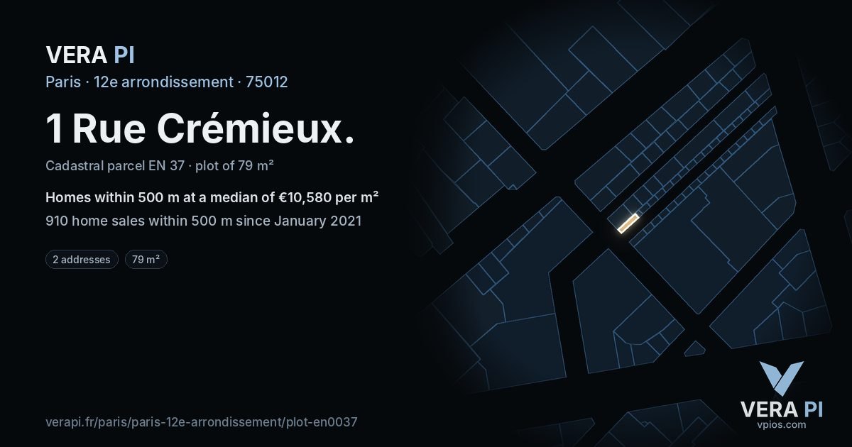 1 Rue Crémieux, 12e arrondissement at night – the plot lit, the parcels around coloured by the prices near them