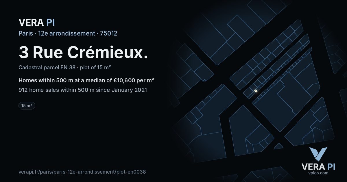 3 Rue Crémieux, 12e arrondissement at night – the plot lit, the parcels around coloured by the prices near them