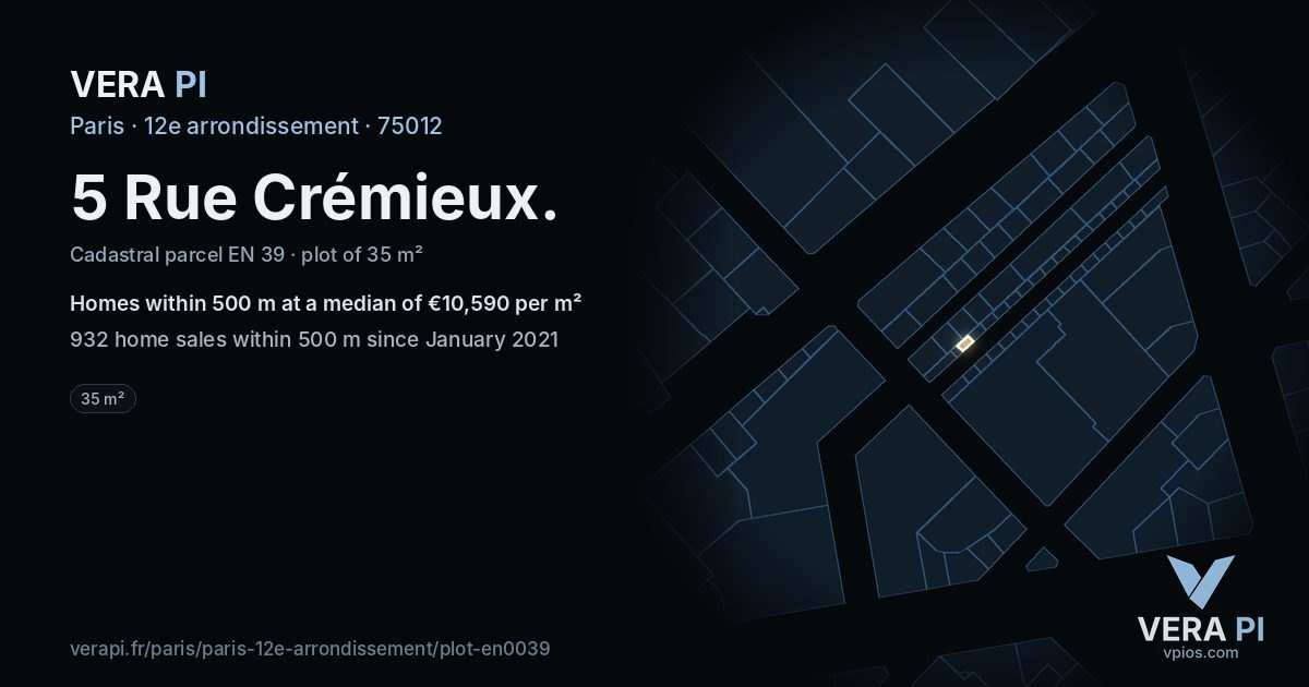 5 Rue Crémieux, 12e arrondissement at night – the plot lit, the parcels around coloured by the prices near them