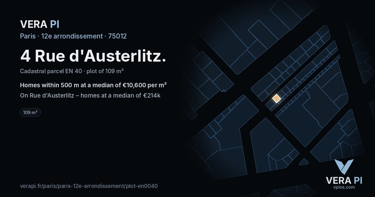 4 Rue d'Austerlitz, 12e arrondissement at night – the plot lit, the parcels around coloured by the prices near them