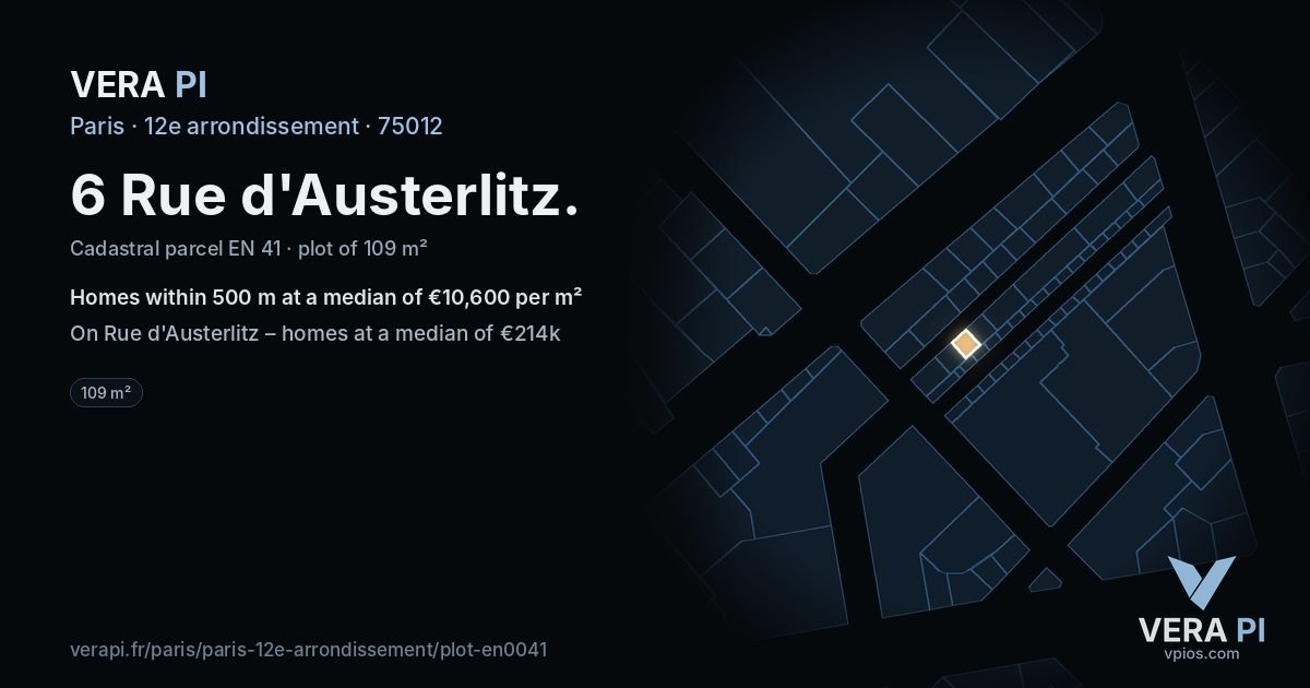 6 Rue d'Austerlitz, 12e arrondissement at night – the plot lit, the parcels around coloured by the prices near them