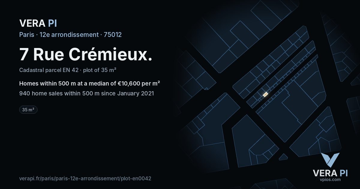 7 Rue Crémieux, 12e arrondissement at night – the plot lit, the parcels around coloured by the prices near them