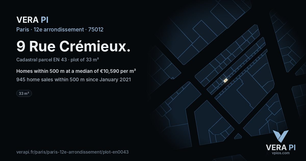 9 Rue Crémieux, 12e arrondissement at night – the plot lit, the parcels around coloured by the prices near them