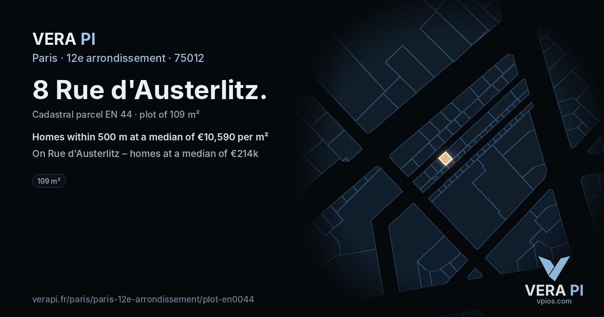 8 Rue d'Austerlitz, 12e arrondissement at night – the plot lit, the parcels around coloured by the prices near them