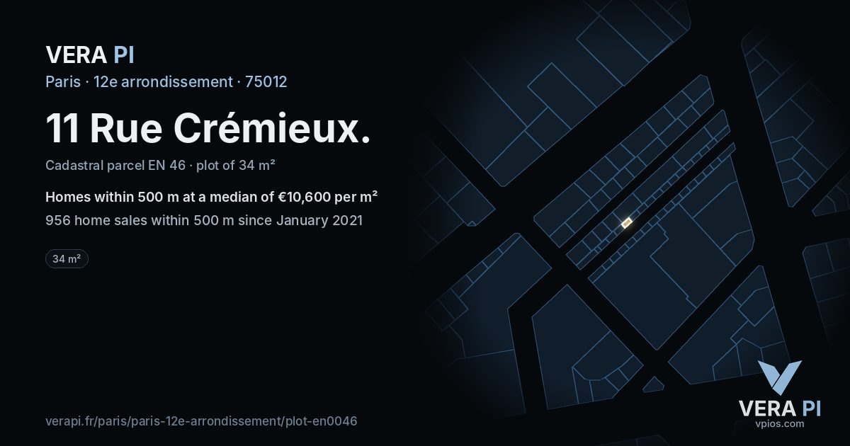 11 Rue Crémieux, 12e arrondissement at night – the plot lit, the parcels around coloured by the prices near them