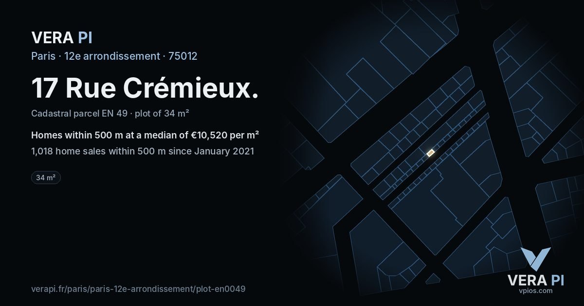 17 Rue Crémieux, 12e arrondissement at night – the plot lit, the parcels around coloured by the prices near them