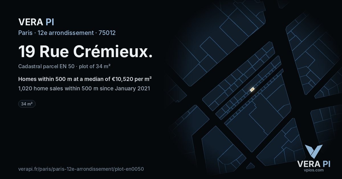 19 Rue Crémieux, 12e arrondissement at night – the plot lit, the parcels around coloured by the prices near them