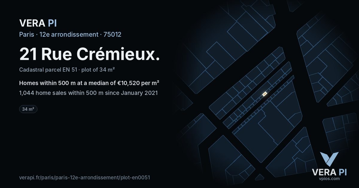 21 Rue Crémieux, 12e arrondissement at night – the plot lit, the parcels around coloured by the prices near them