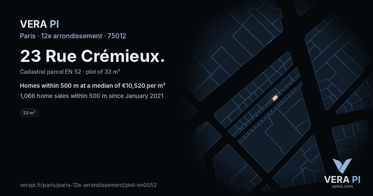 23 Rue Crémieux, 12e arrondissement at night – the plot lit, the parcels around coloured by the prices near them