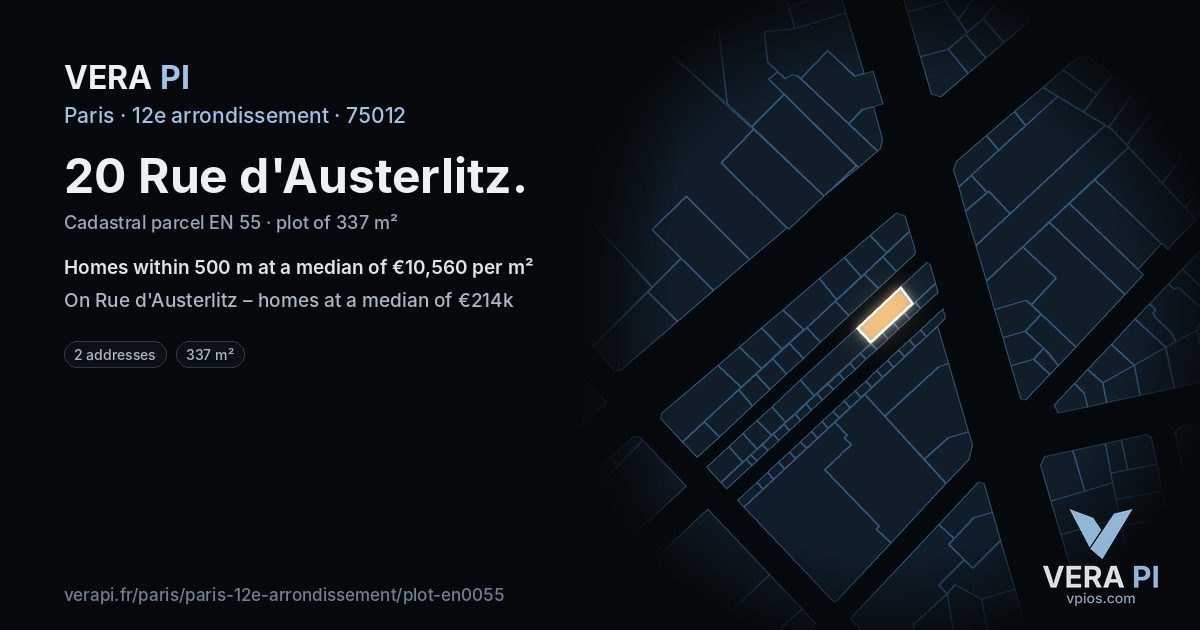 20 Rue d'Austerlitz, 12e arrondissement at night – the plot lit, the parcels around coloured by the prices near them