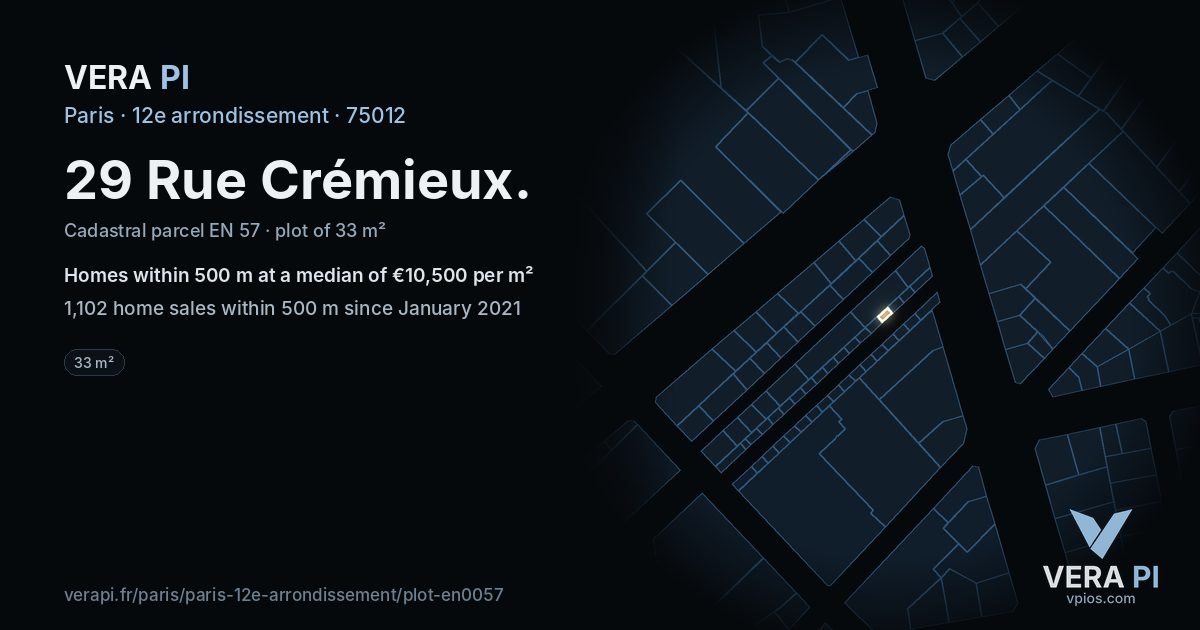 29 Rue Crémieux, 12e arrondissement at night – the plot lit, the parcels around coloured by the prices near them
