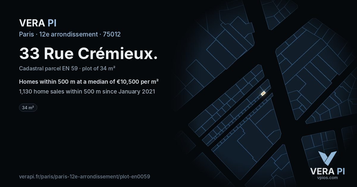 33 Rue Crémieux, 12e arrondissement at night – the plot lit, the parcels around coloured by the prices near them