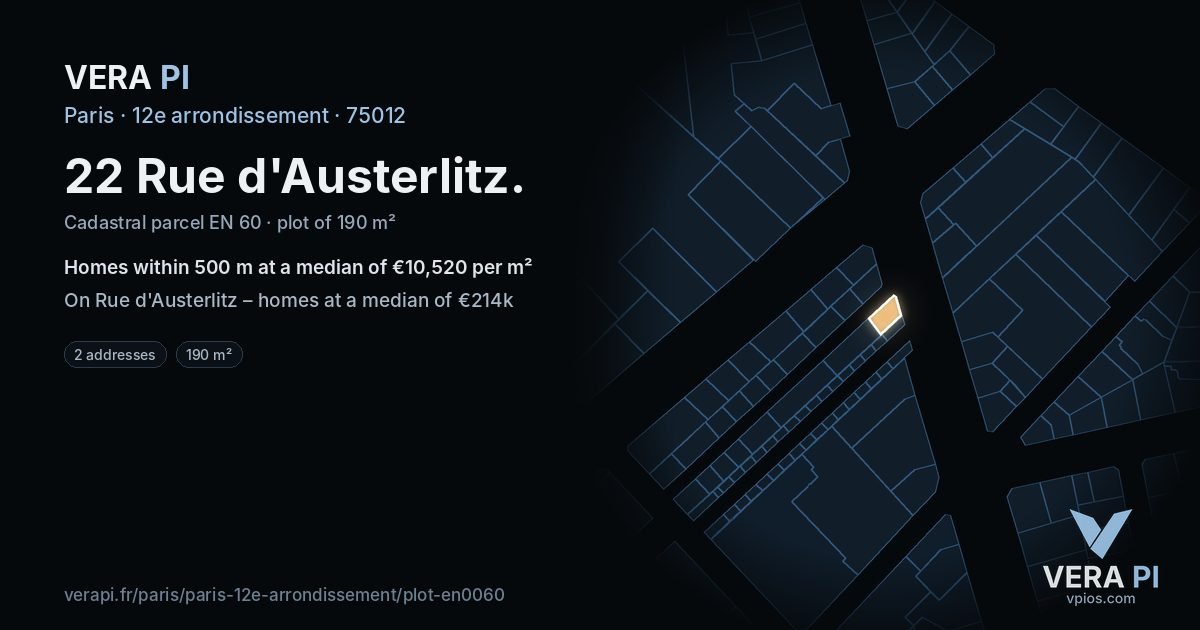 22 Rue d'Austerlitz, 12e arrondissement at night – the plot lit, the parcels around coloured by the prices near them