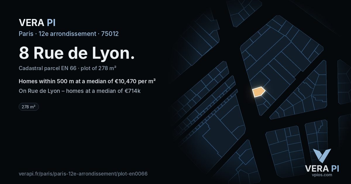 8 Rue de Lyon, 12e arrondissement at night – the plot lit, the parcels around coloured by the prices near them
