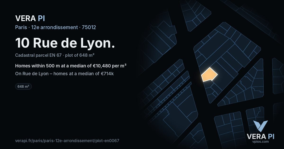 10 Rue de Lyon, 12e arrondissement at night – the plot lit, the parcels around coloured by the prices near them