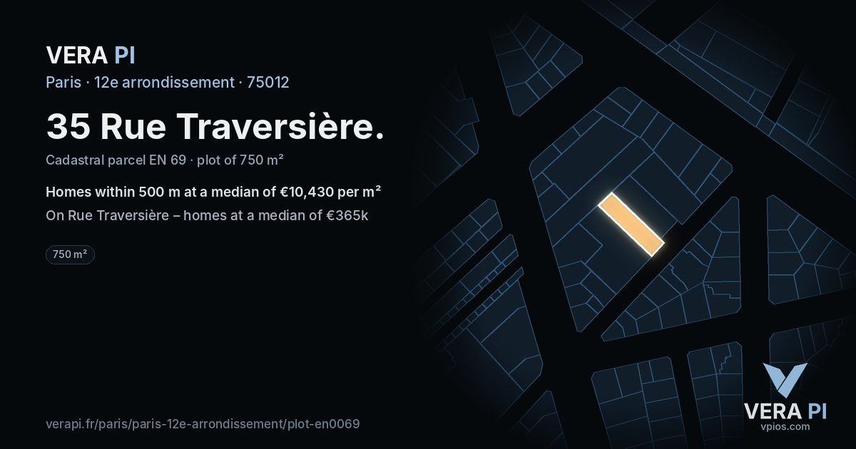 35 Rue Traversière, 12e arrondissement at night – the plot lit, the parcels around coloured by the prices near them