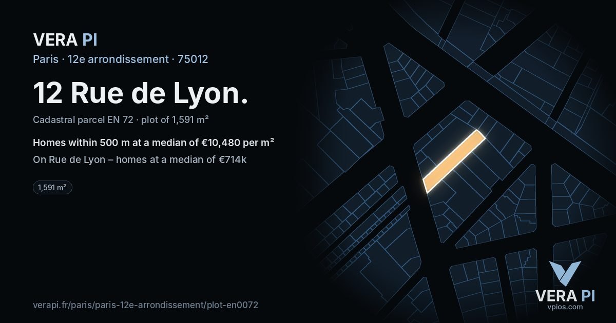 12 Rue de Lyon, 12e arrondissement at night – the plot lit, the parcels around coloured by the prices near them