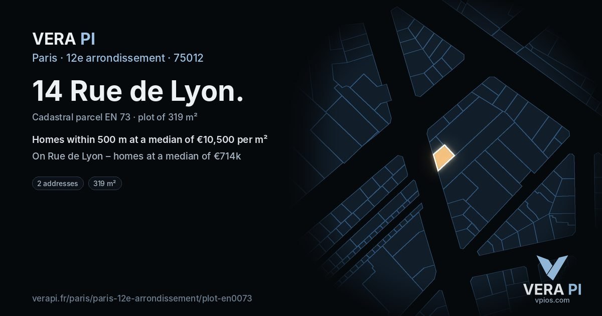 14 Rue de Lyon, 12e arrondissement at night – the plot lit, the parcels around coloured by the prices near them