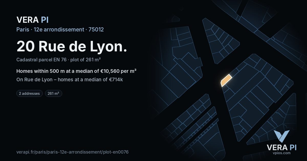 20 Rue de Lyon, 12e arrondissement at night – the plot lit, the parcels around coloured by the prices near them
