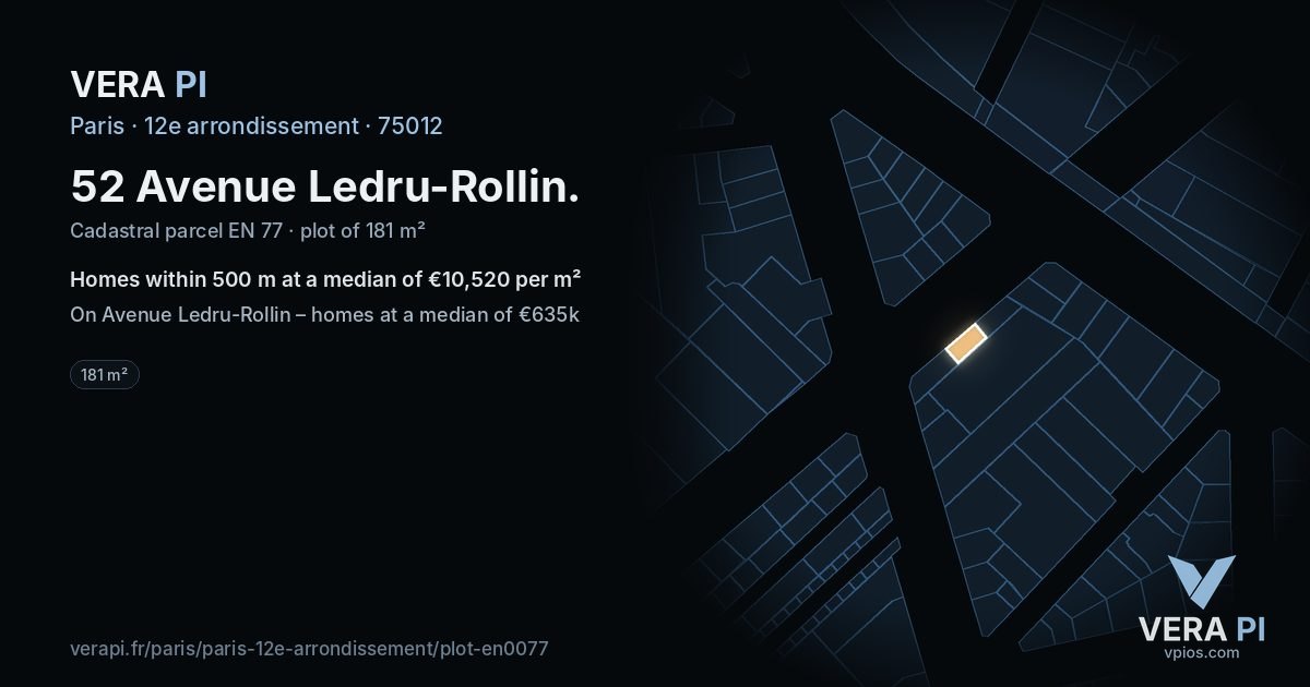 52 Avenue Ledru-Rollin, 12e arrondissement at night – the plot lit, the parcels around coloured by the prices near them