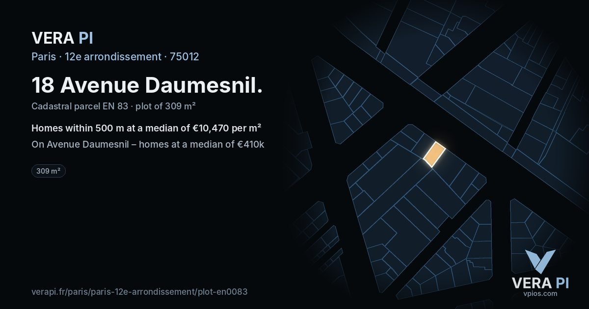 18 Avenue Daumesnil, 12e arrondissement at night – the plot lit, the parcels around coloured by the prices near them