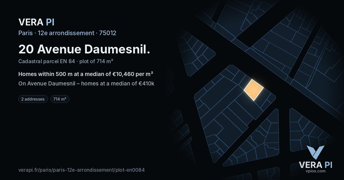 20 Avenue Daumesnil, 12e arrondissement at night – the plot lit, the parcels around coloured by the prices near them
