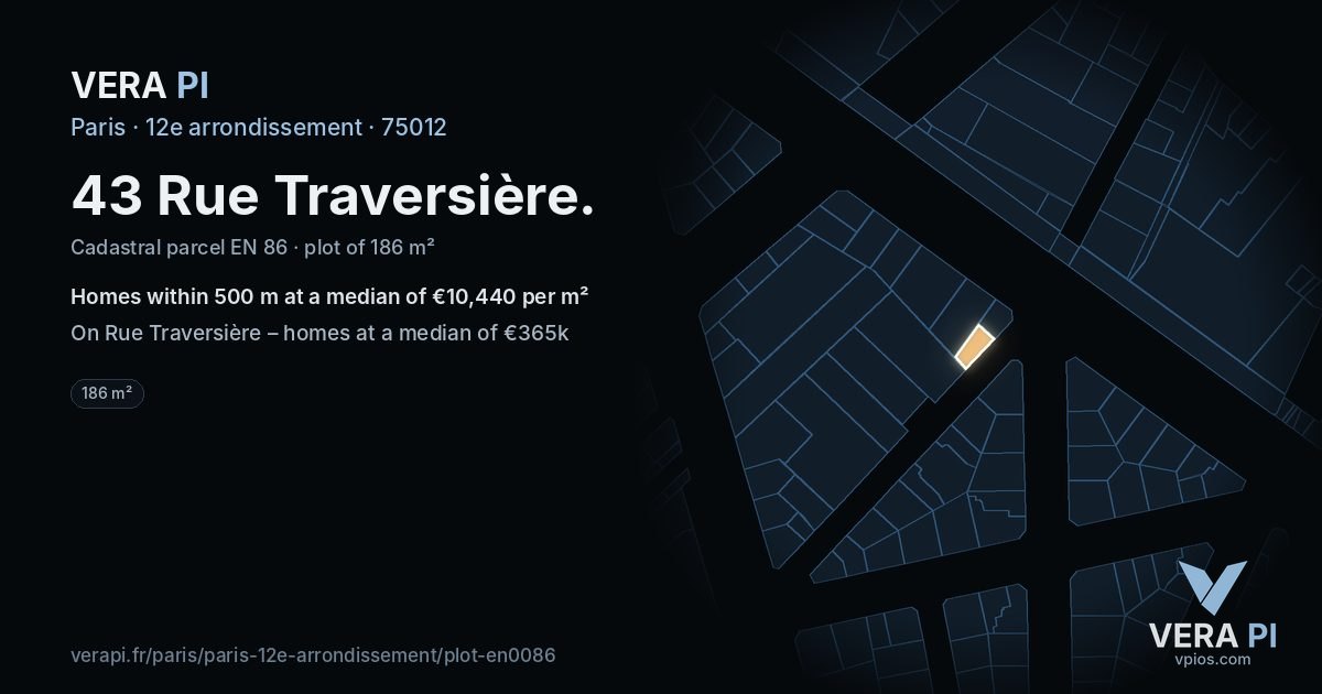 43 Rue Traversière, 12e arrondissement at night – the plot lit, the parcels around coloured by the prices near them