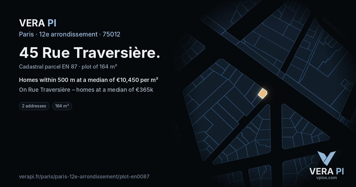 45 Rue Traversière, 12e arrondissement at night – the plot lit, the parcels around coloured by the prices near them