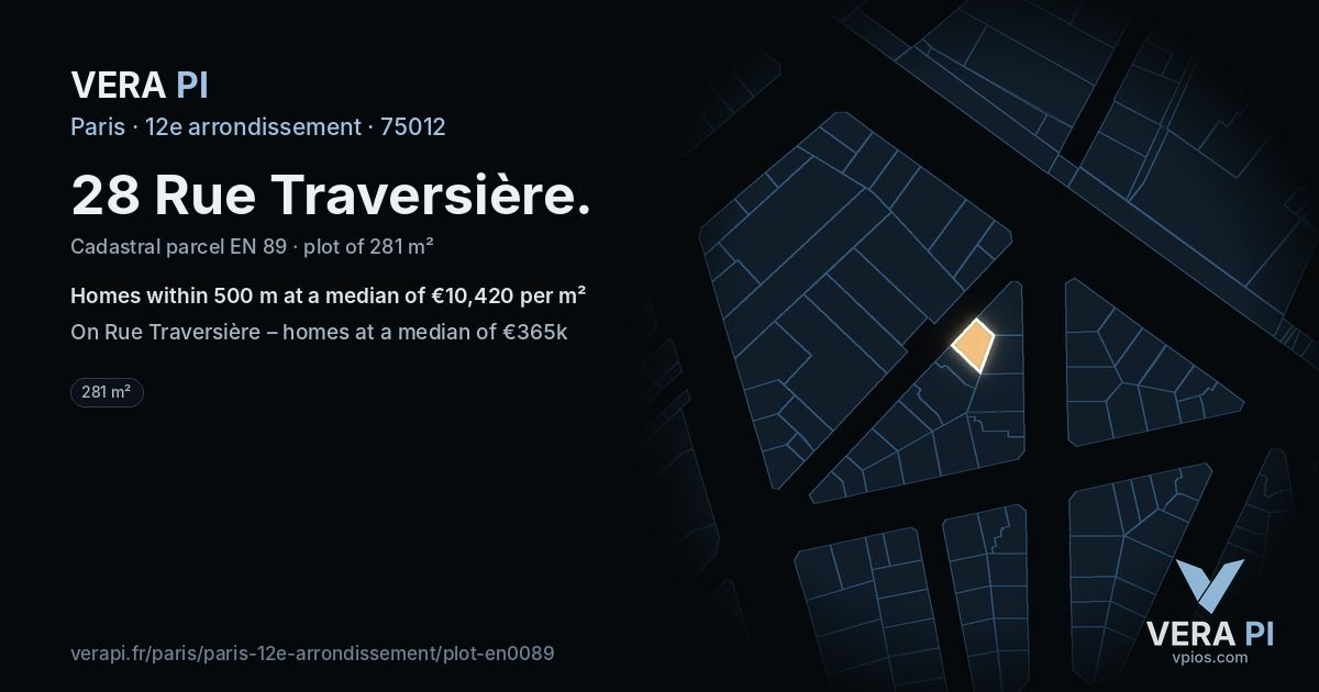 28 Rue Traversière, 12e arrondissement at night – the plot lit, the parcels around coloured by the prices near them