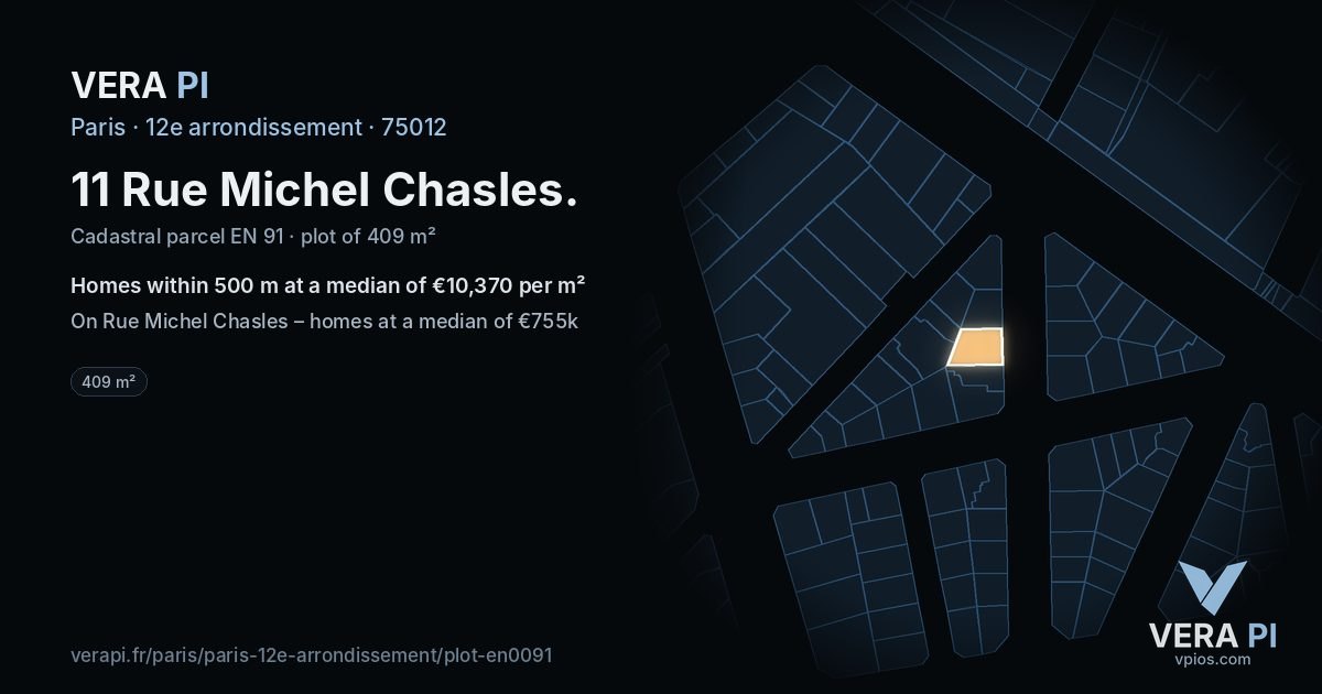 11 Rue Michel Chasles, 12e arrondissement at night – the plot lit, the parcels around coloured by the prices near them