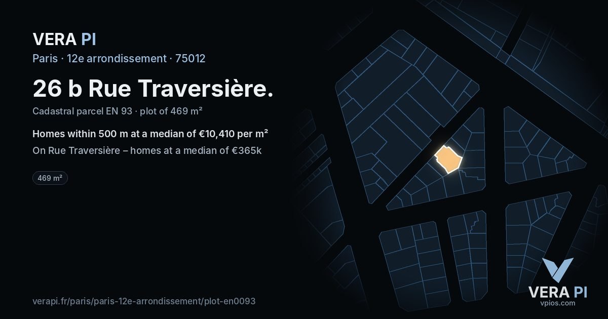 26 b Rue Traversière, 12e arrondissement at night – the plot lit, the parcels around coloured by the prices near them