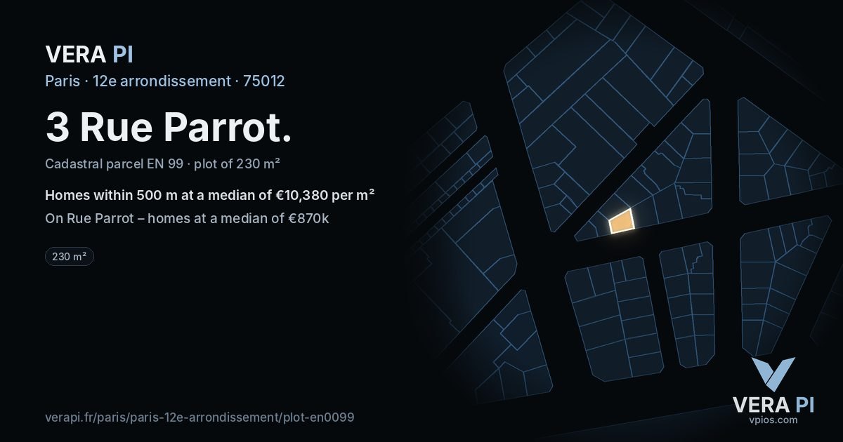 3 Rue Parrot, 12e arrondissement at night – the plot lit, the parcels around coloured by the prices near them