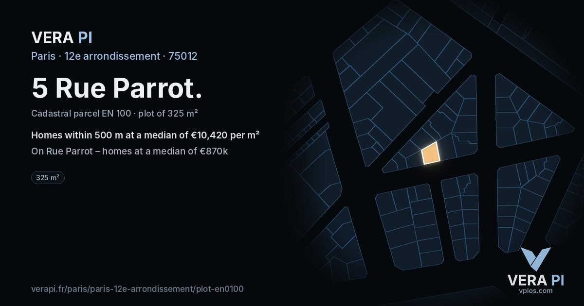 5 Rue Parrot, 12e arrondissement at night – the plot lit, the parcels around coloured by the prices near them
