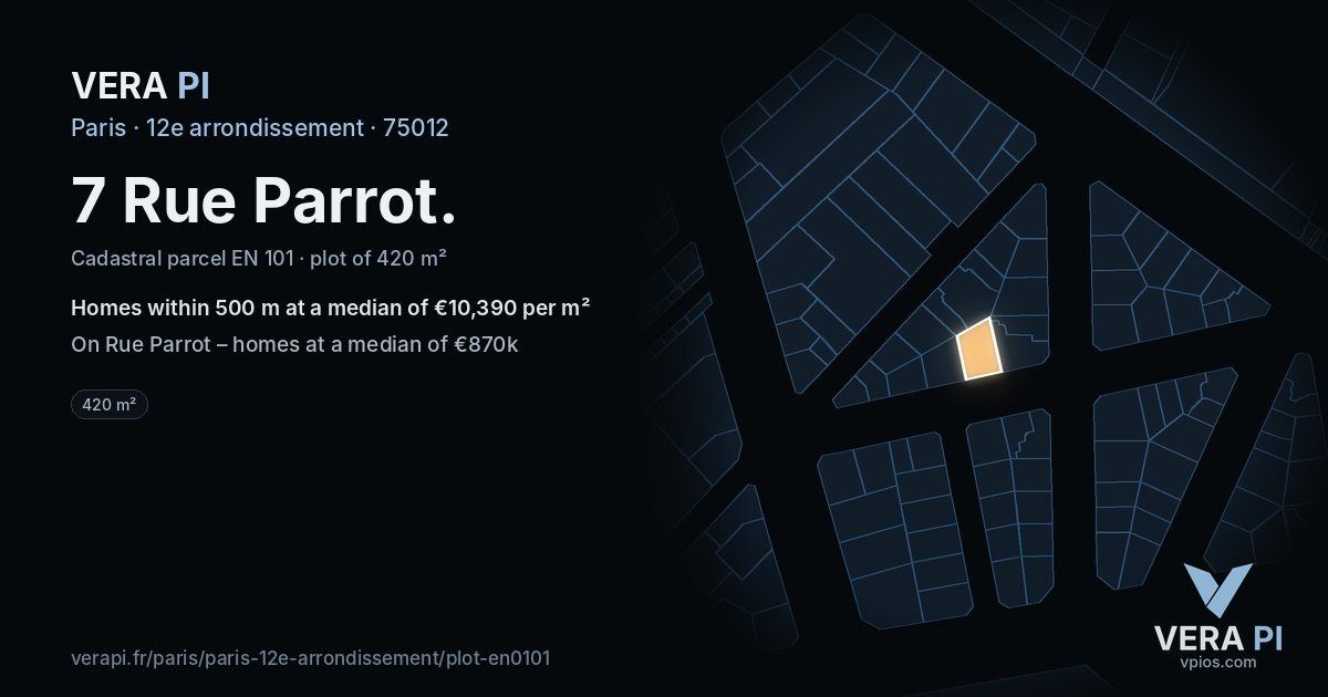 7 Rue Parrot, 12e arrondissement at night – the plot lit, the parcels around coloured by the prices near them