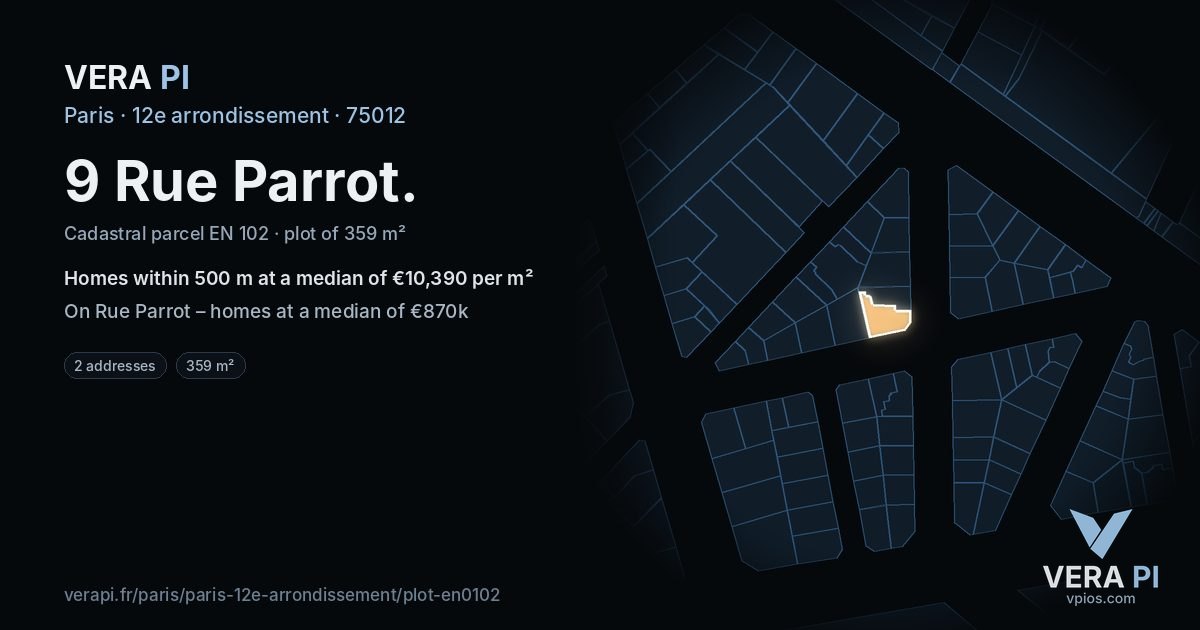 9 Rue Parrot, 12e arrondissement at night – the plot lit, the parcels around coloured by the prices near them