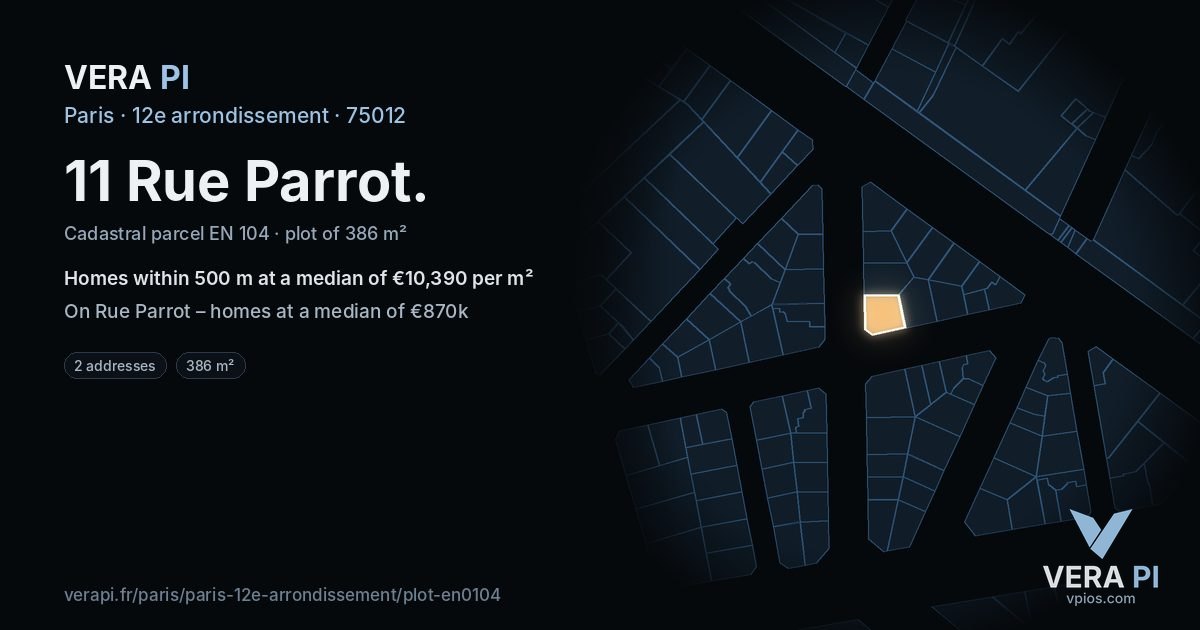 11 Rue Parrot, 12e arrondissement at night – the plot lit, the parcels around coloured by the prices near them